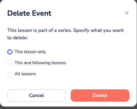 the “Delete Event” dialog for a lesson that is part of a series