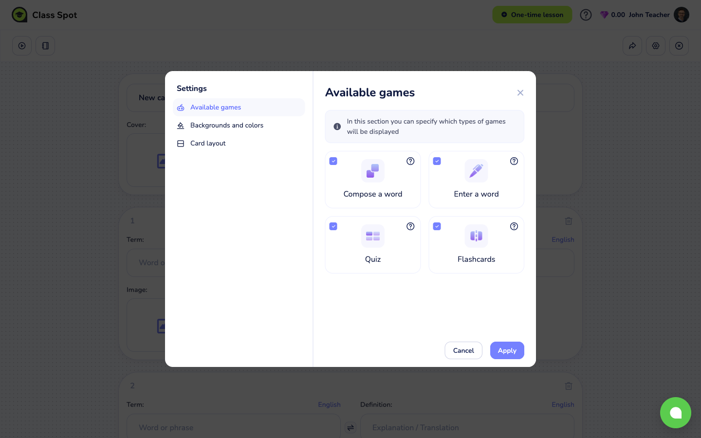 Settings → Available games tab with the four game toggles