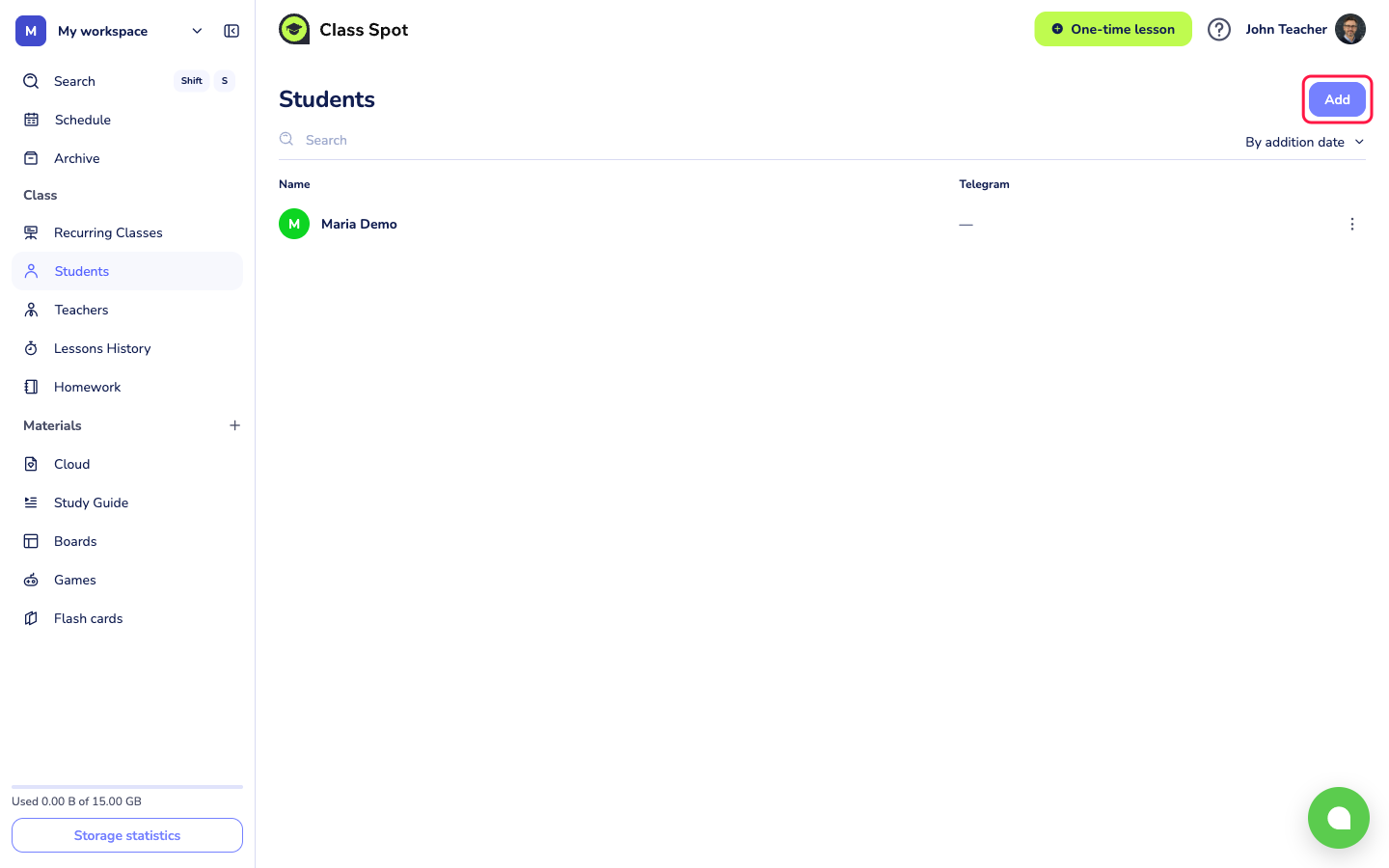 学生页面，“+ Add”按钮已高亮