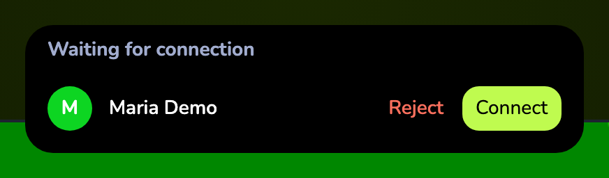 the “Waiting for connection” notification with Connect and Reject buttons in a live lesson