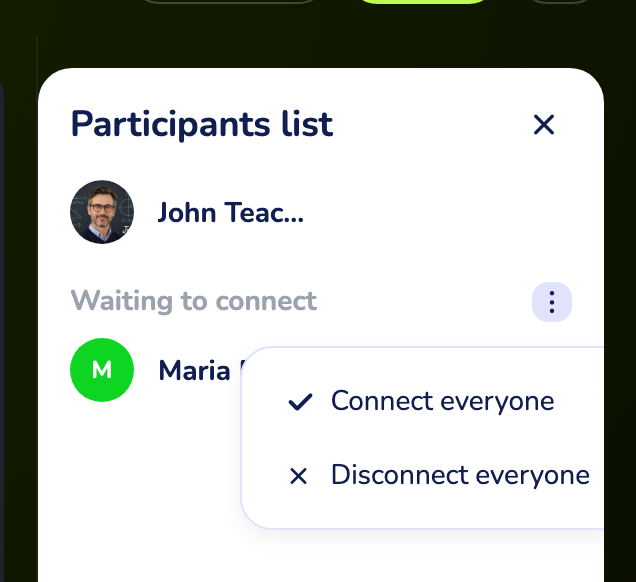 the Participants panel showing a student under “Waiting to connect” and the Connect everyone button