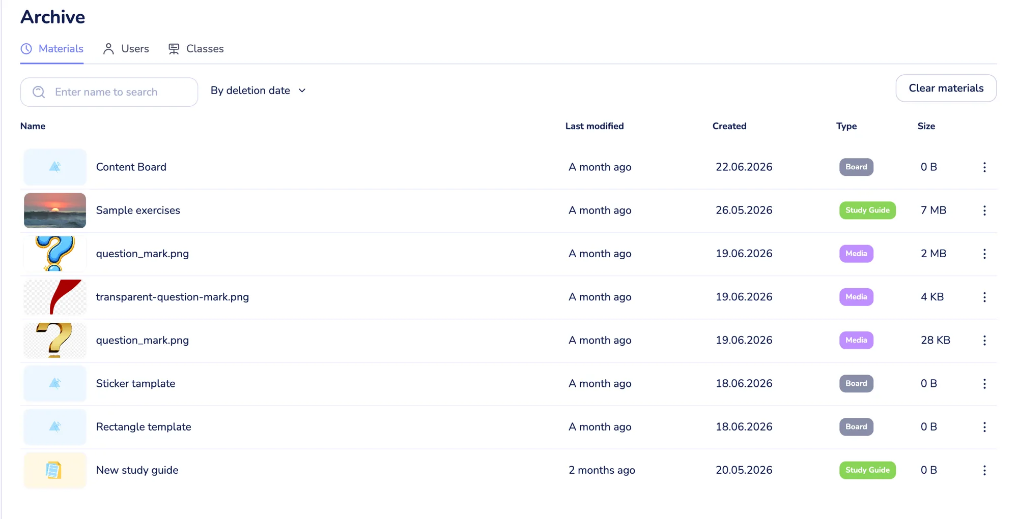 the Archive page on the Materials tab, listing deleted materials