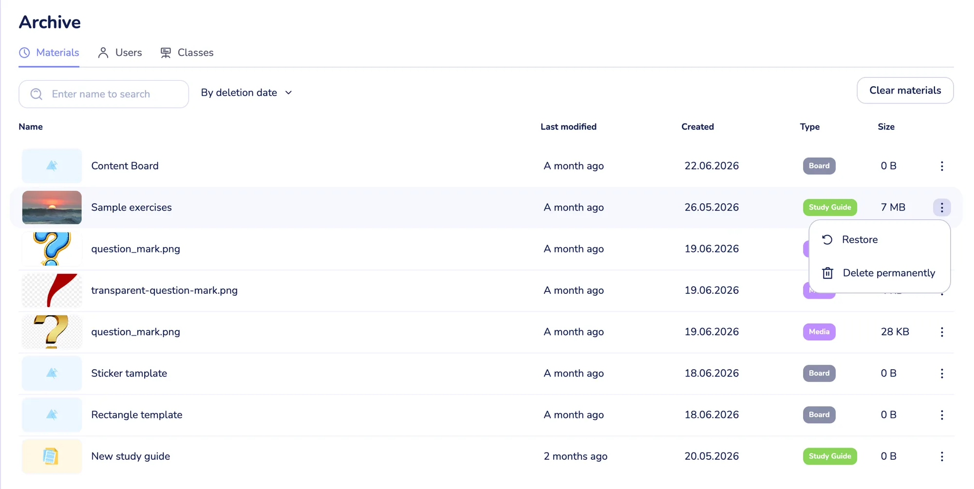 the row menu open, showing Restore and Delete permanently