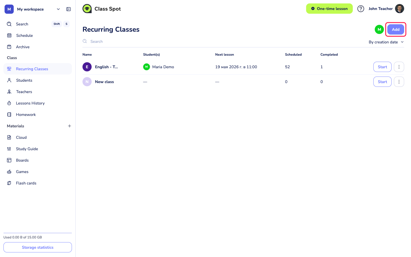 the Recurring Classes list page with the “+ Add” button highlighted