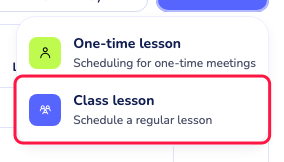 the “Create event” dropdown with “One-time lesson” and “Class lesson” options
