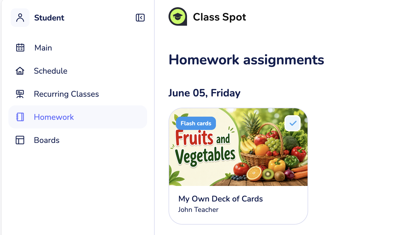 the student’s Homework list with a Flash Cards assignment
