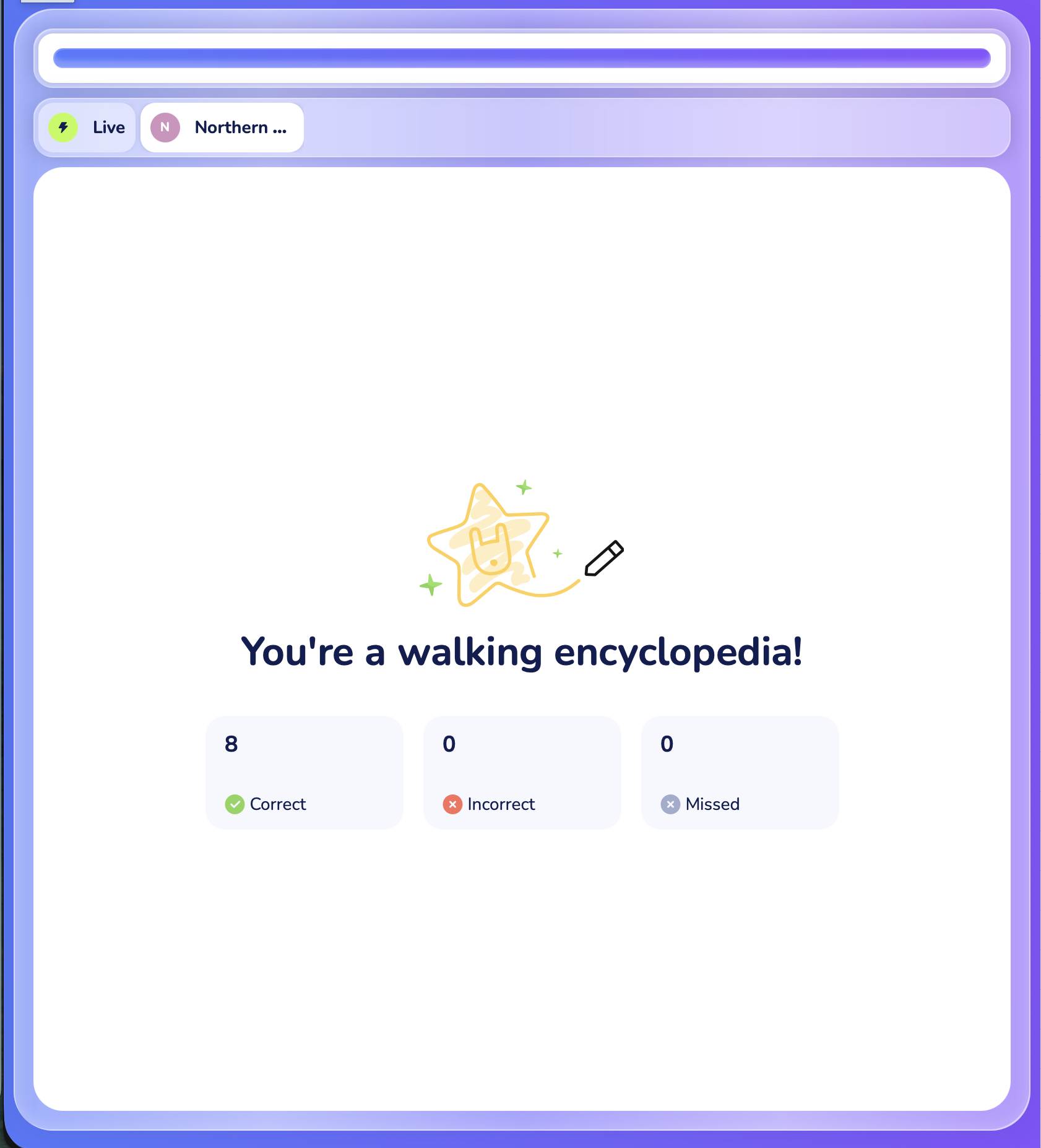 a student’s end-of-deck results screen with the score and Correct / Incorrect / Missed counts
